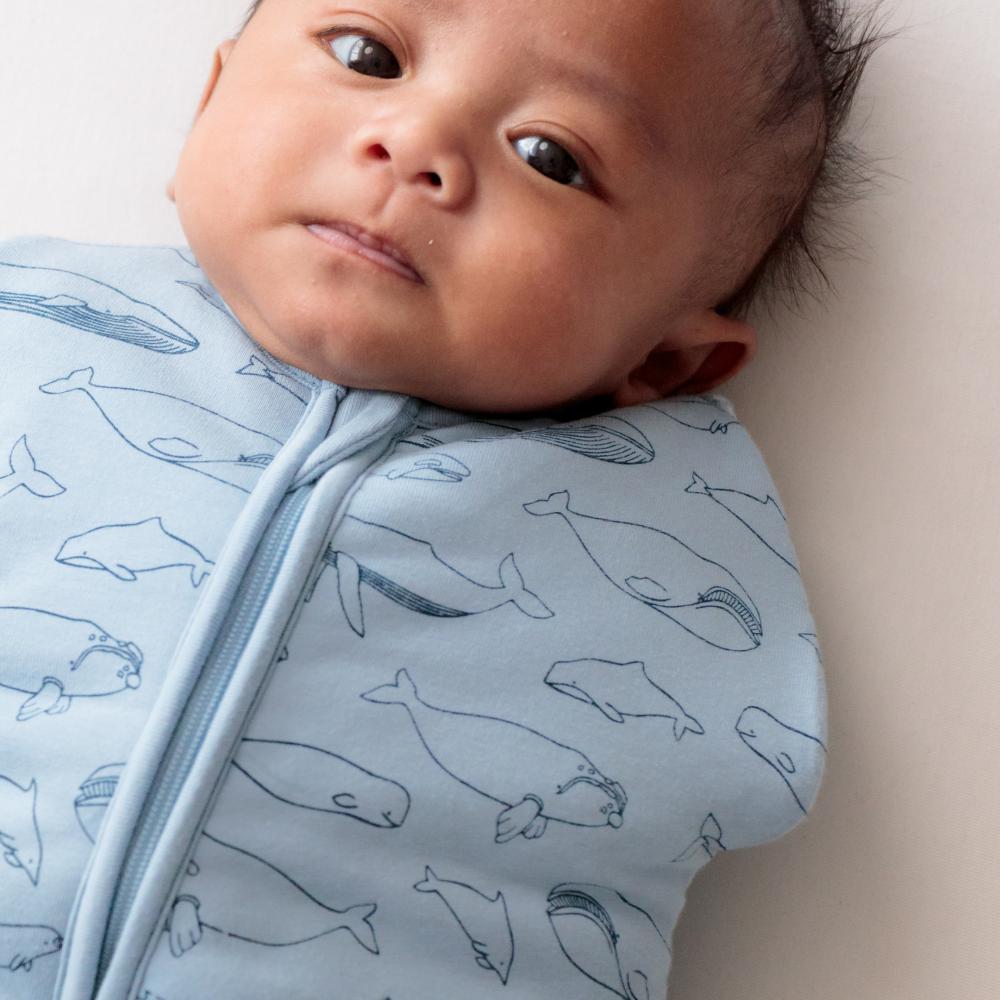 3.0 tog Organic Cotton Transition Swaddle Bag - Blue Whales