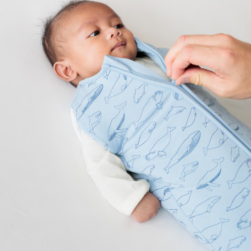 3.0 tog Organic Cotton Transition Swaddle Bag - Blue Whales