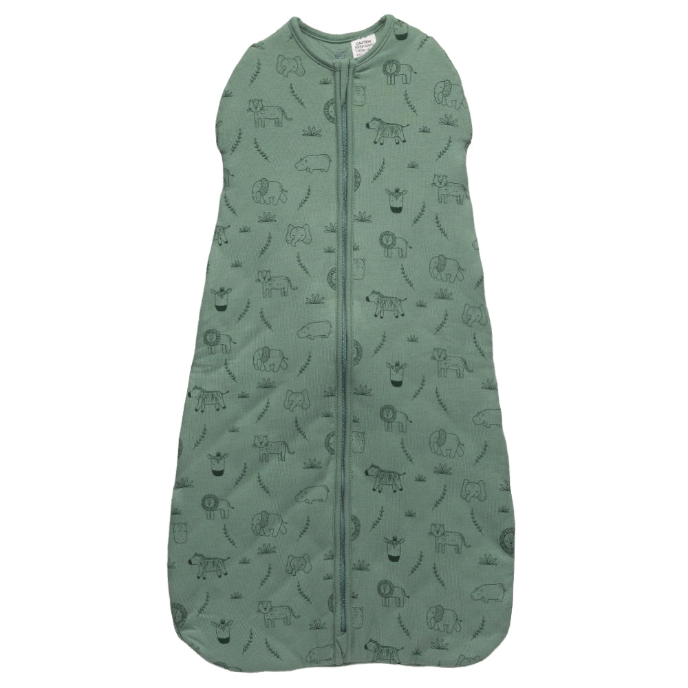 Green baby sleeping bag with animal pattern on a white background