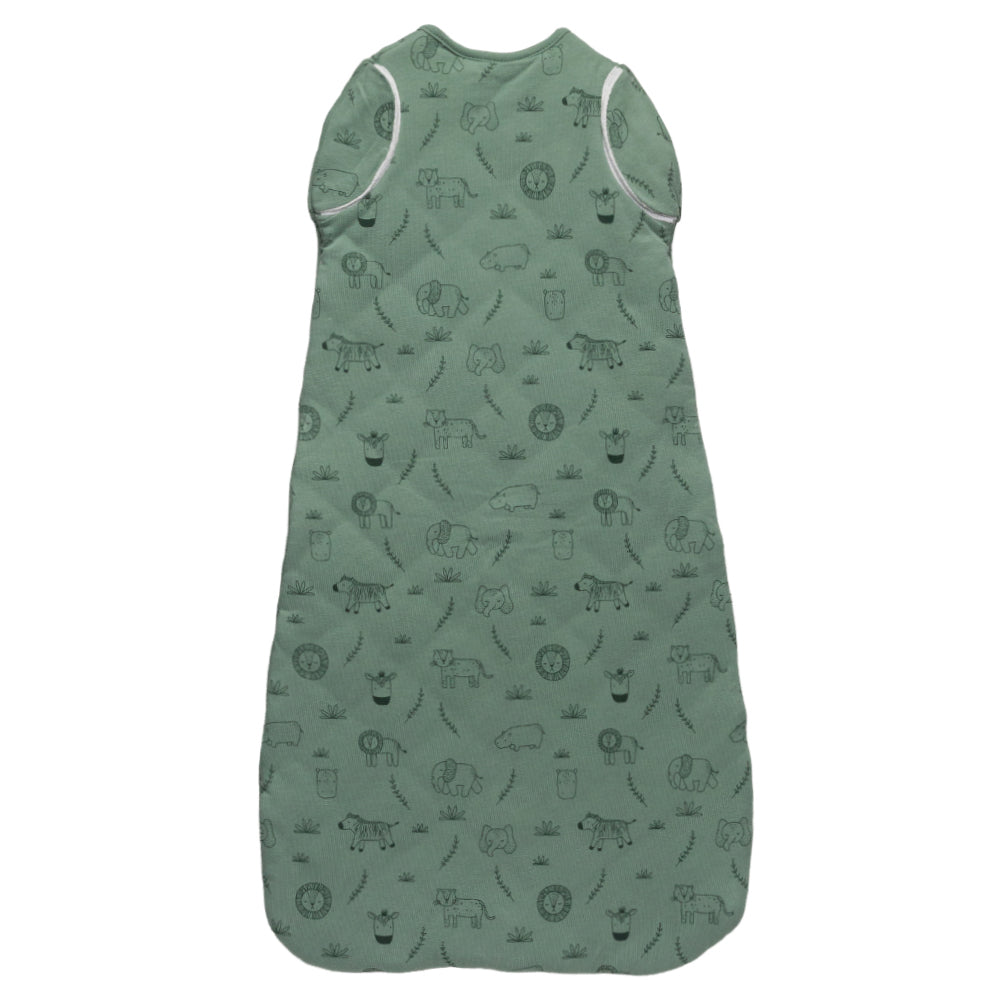 Green baby sleeping bag with animal pattern on a white background