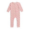 Pink baby onesie with red strawberries on a white background