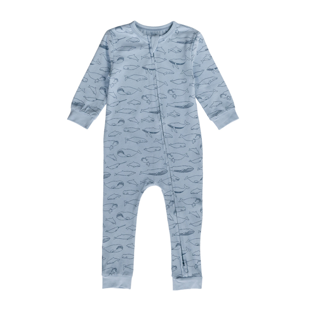 Children's cotton onesie with whale pattern on a white background