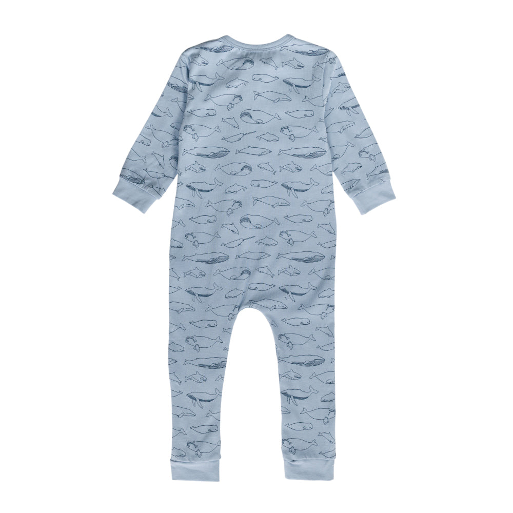 Light blue baby onesie with whale pattern on a white background
