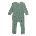 Green cotton baby onesie with animal pattern on a white background