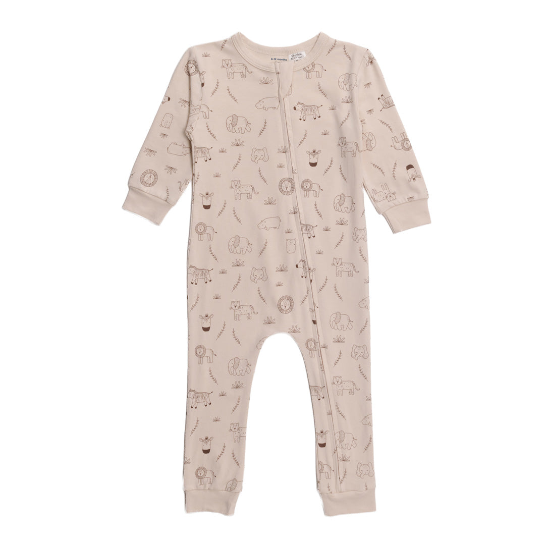 Beige cotton baby onesie with animal pattern on a white background