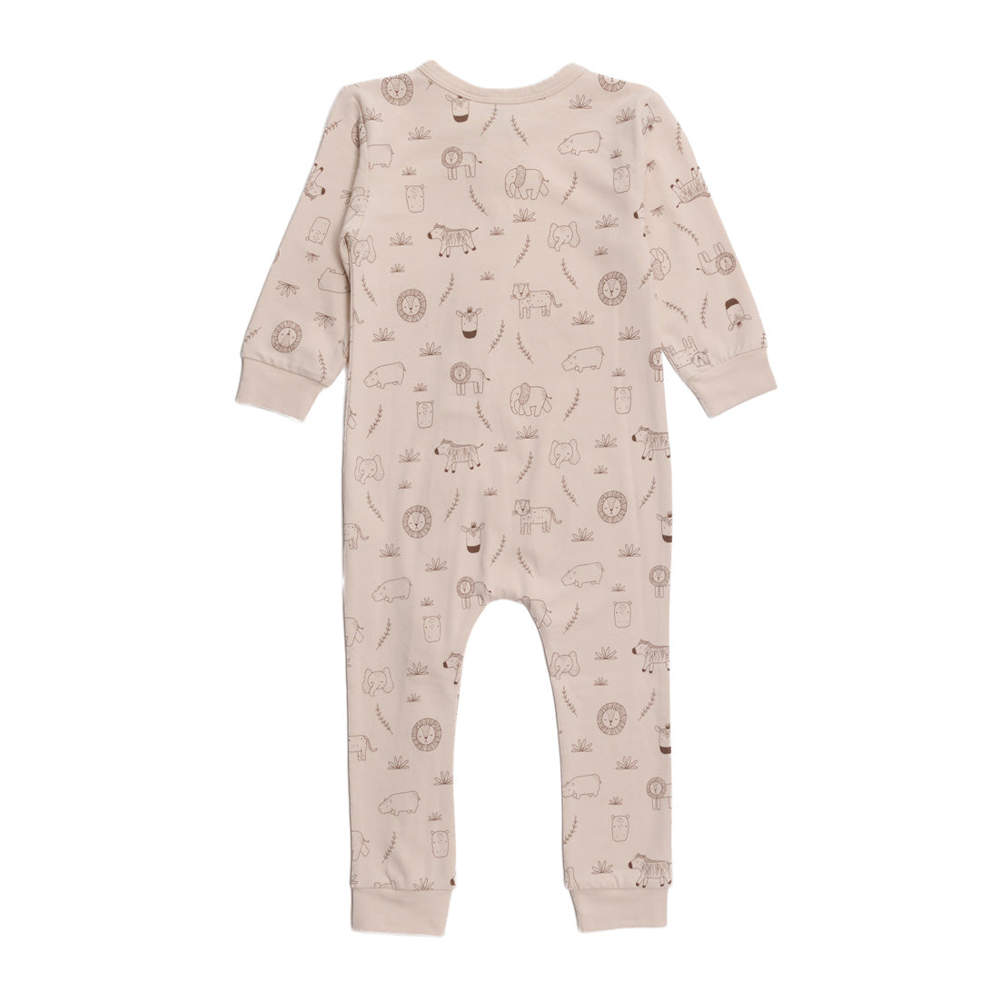 Beige cotton baby onesie with printed design on a white background