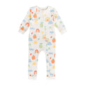 Cotton baby onesie with colorful patterns on a white background