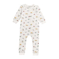 Cotton baby onesie with vehicle pattern on a white background