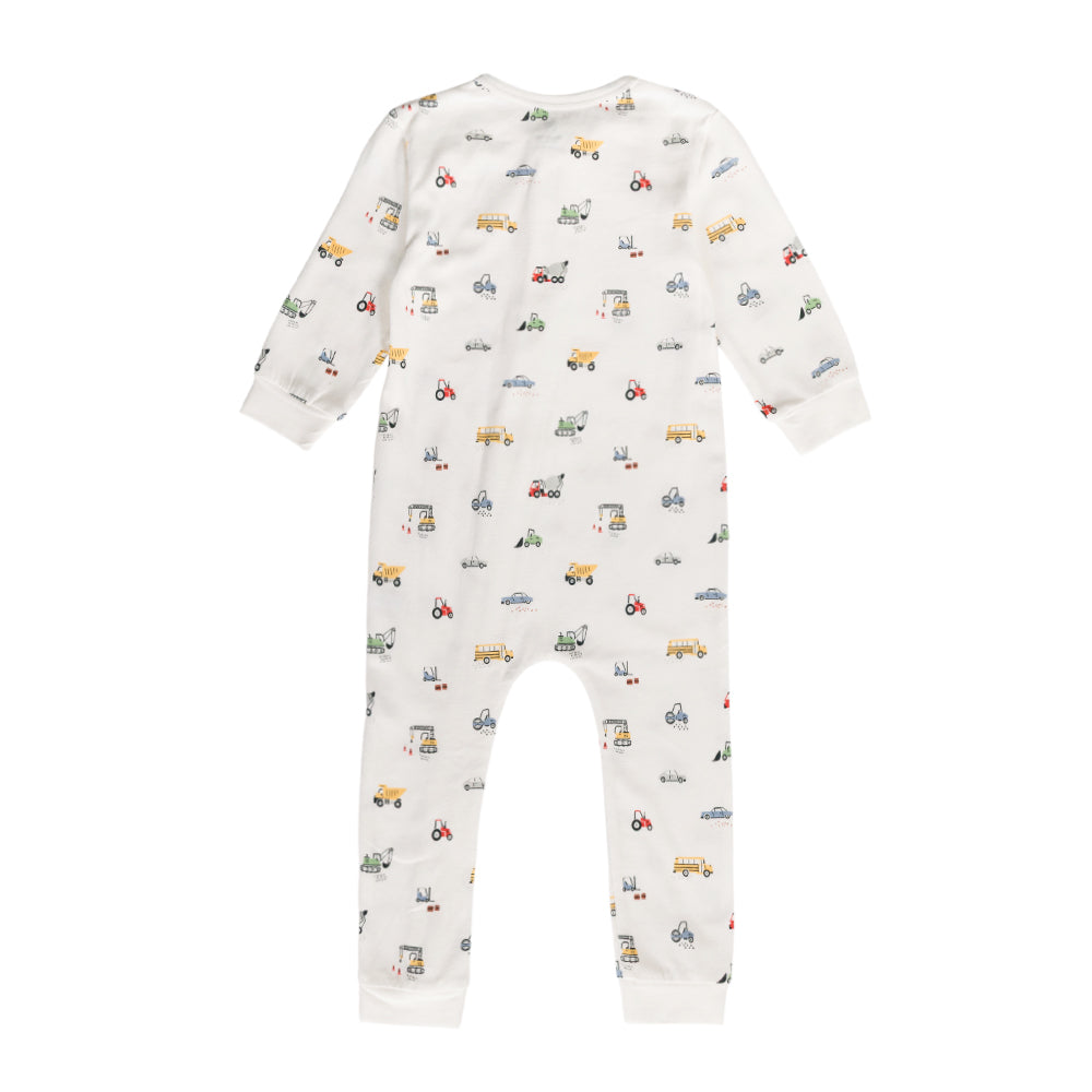 Cotton baby onesie with vehicle pattern on a white background