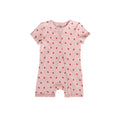 Organic cotton pink baby romper with red ladybug on a white background