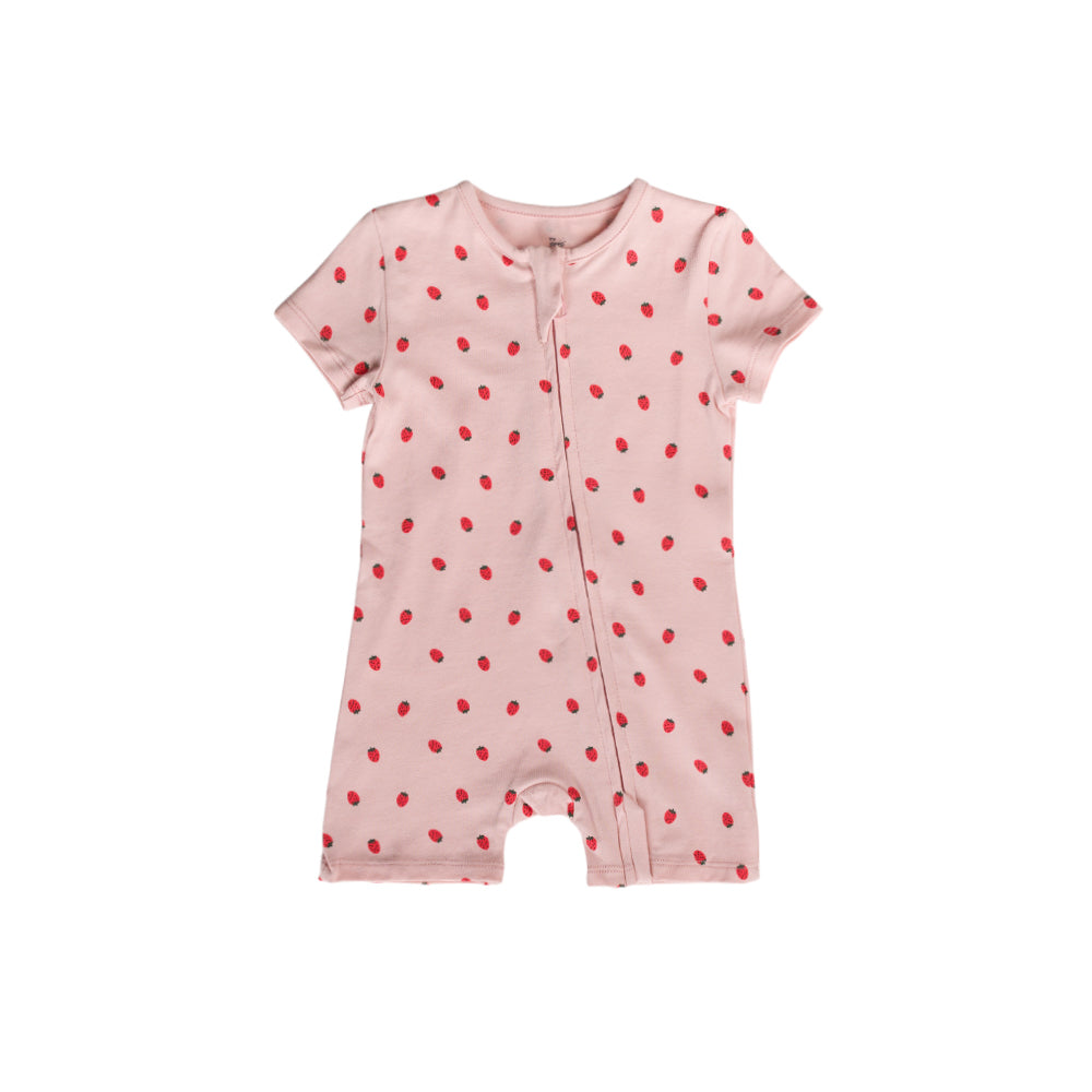 Organic cotton pink baby romper with red ladybug on a white background