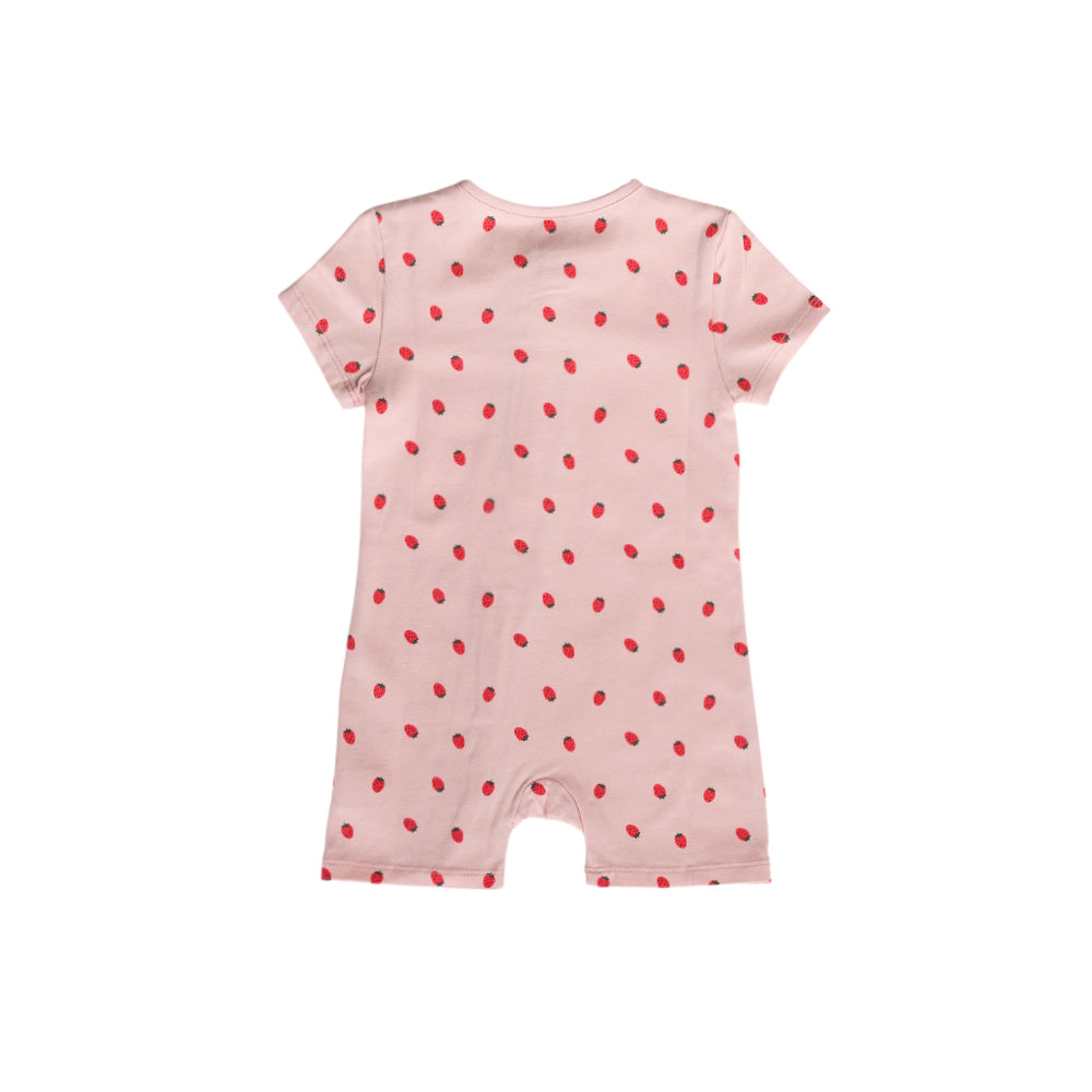 Organic cotton pink baby romper with red ladybug pattern on a white background