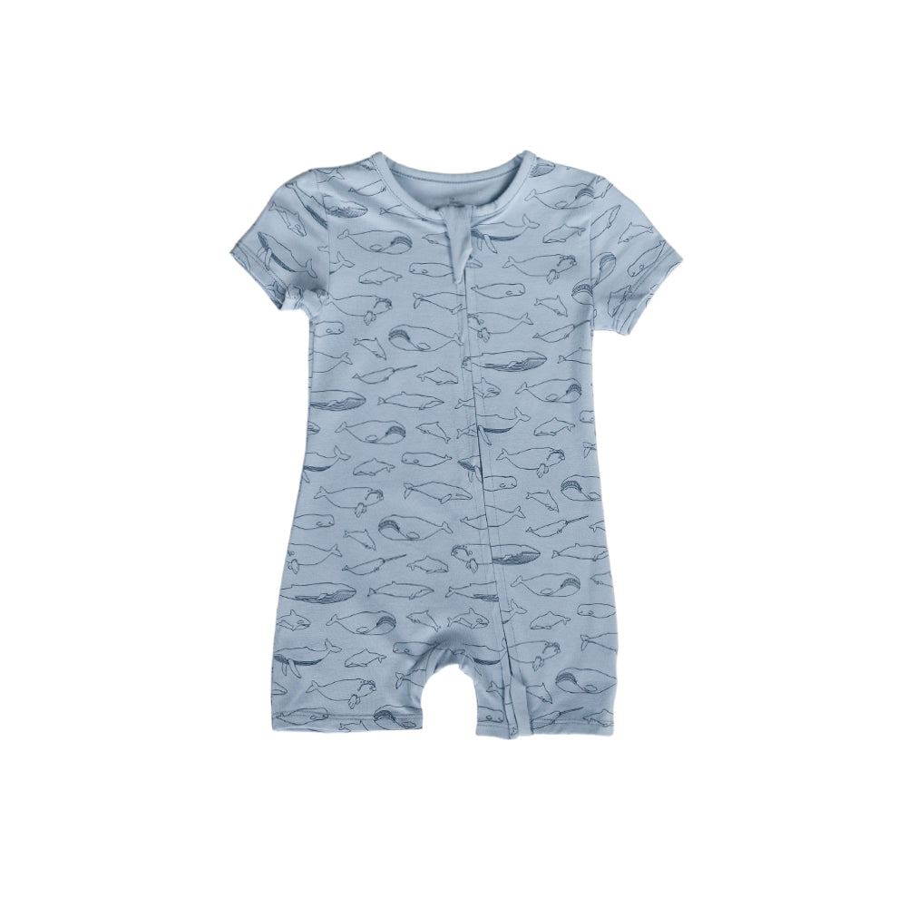Cotton blue baby romper with fish pattern on a white background