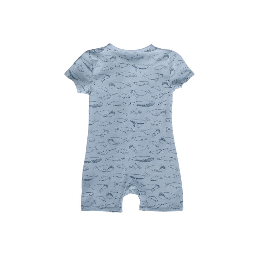 Cotton blue baby romper with fish pattern on a white background
