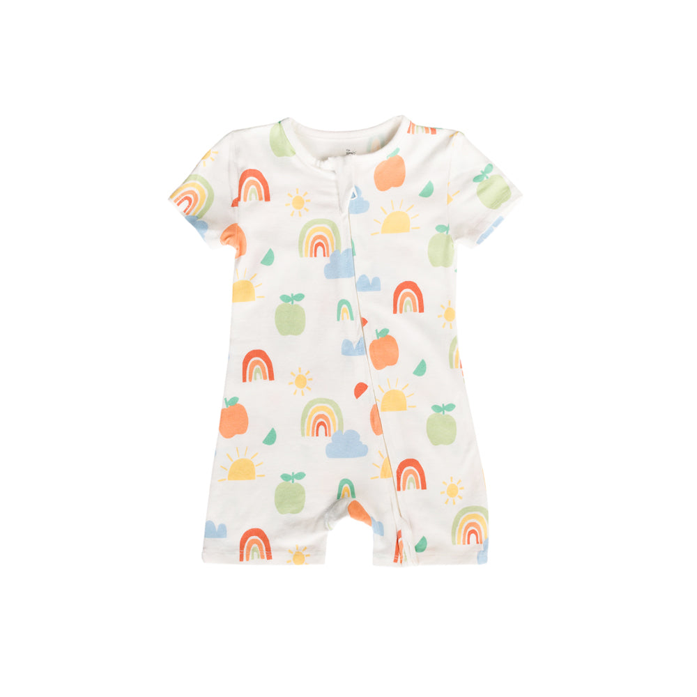 Cotton baby romper with colorful rainbow and cloud pattern on a white background