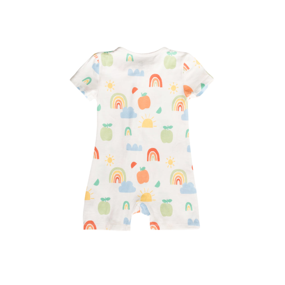 Cotton baby romper with colorful patterns on a white background