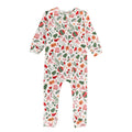 Christmas-themed cotton onesie with christmas patterns on a white background