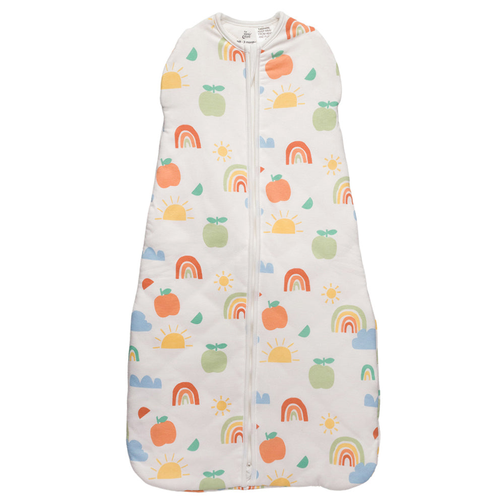 Baby sleeping bag with colorful patterns on a white background