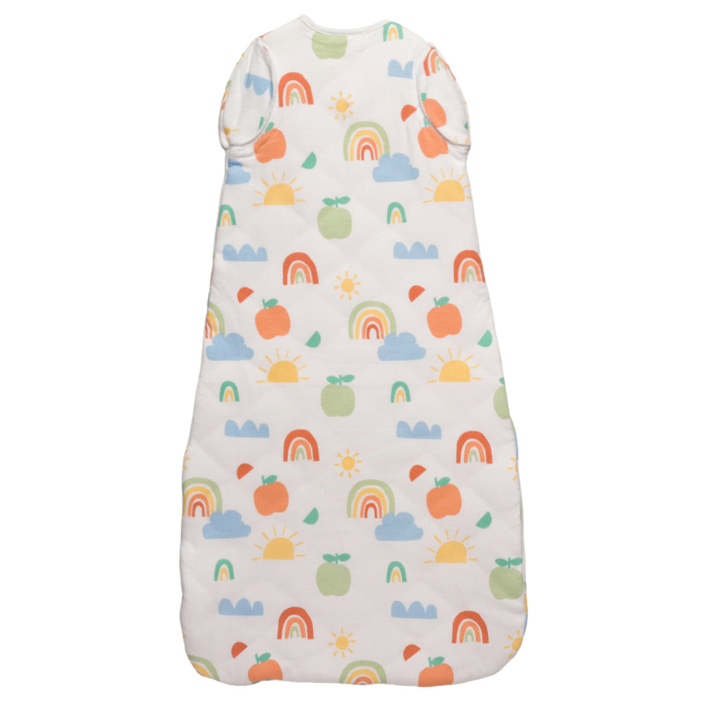Baby sleeping bag with colorful patterns on a white background
