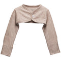 A long-sleeve jersey merino cosy arm warmers in a beige marl color, featuring a short button-up front panel  shown on a plain white background.