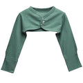 A sage green jersey merino long-sleeve baby bolero cardigan with a snap-button closure, laid flat on a white background.