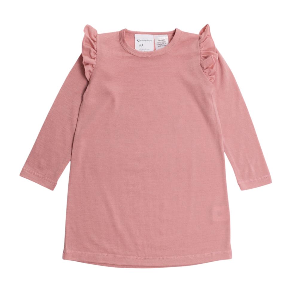 Pink merino nightie dress with ruffled sleeves on a white background