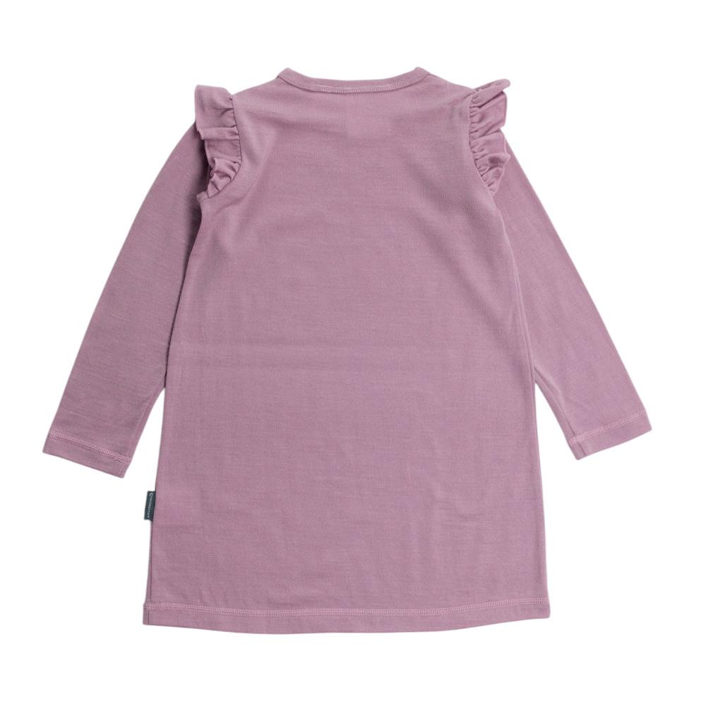 Pink merino nightie with ruffled shoulders on a white background