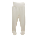 Cream-colored jersey merino baby footed pants with a wide waistband, shown against a plain white background.