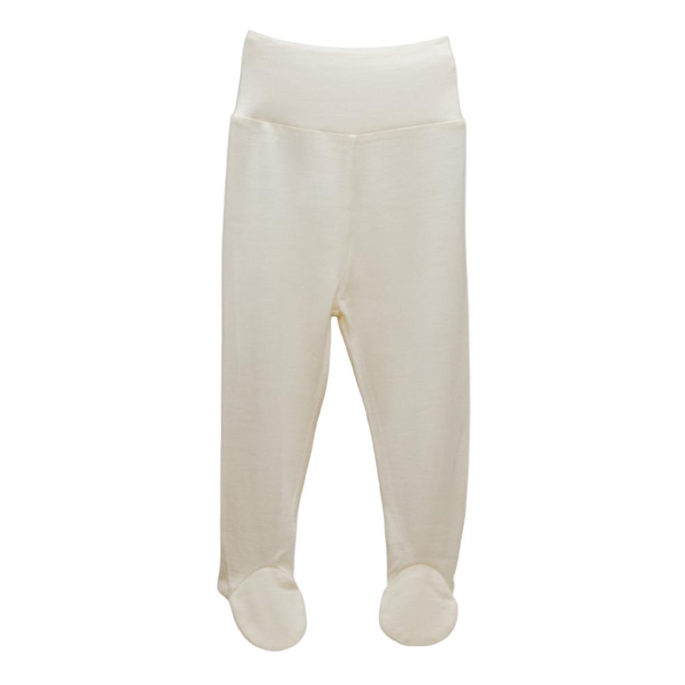 Cream-colored jersey merino baby footed pants with a wide waistband, shown against a plain white background.