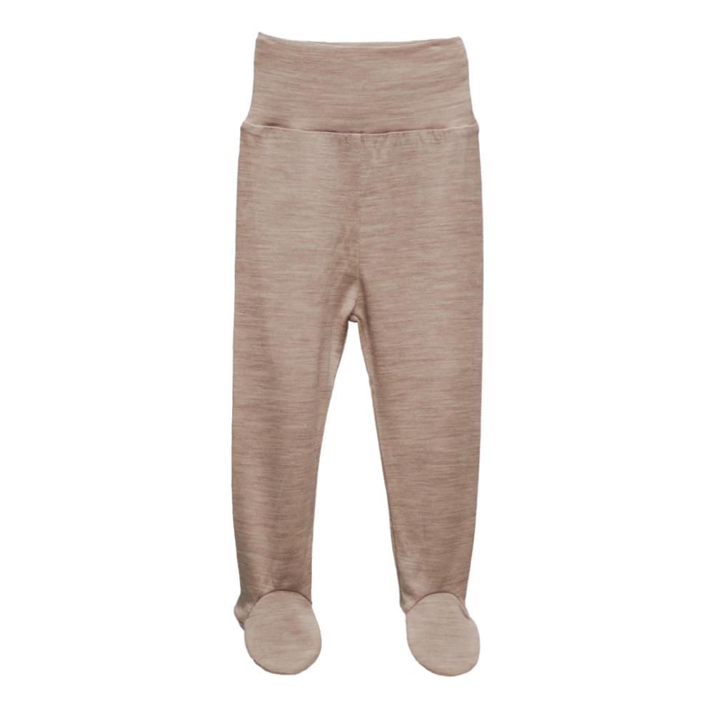 A pair of jersey merino baby leggings with integrated footies in a heathered taupe color, shown against a plain white background.