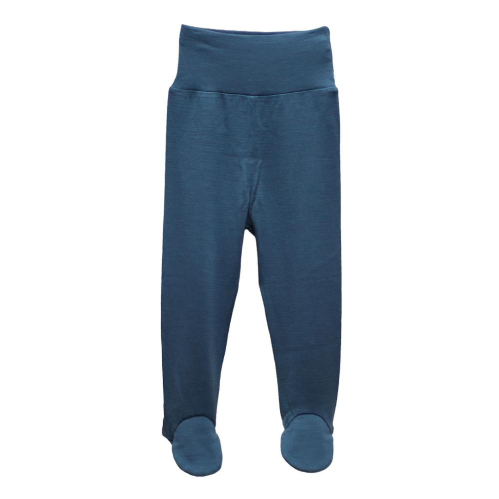 A pair of dark blue footed jersey merino pants with a wide waistband, shown against a plain white background.