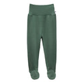 A pair of dark green footed jersey merino pants with an thick waistband, shown against a plain white background.
