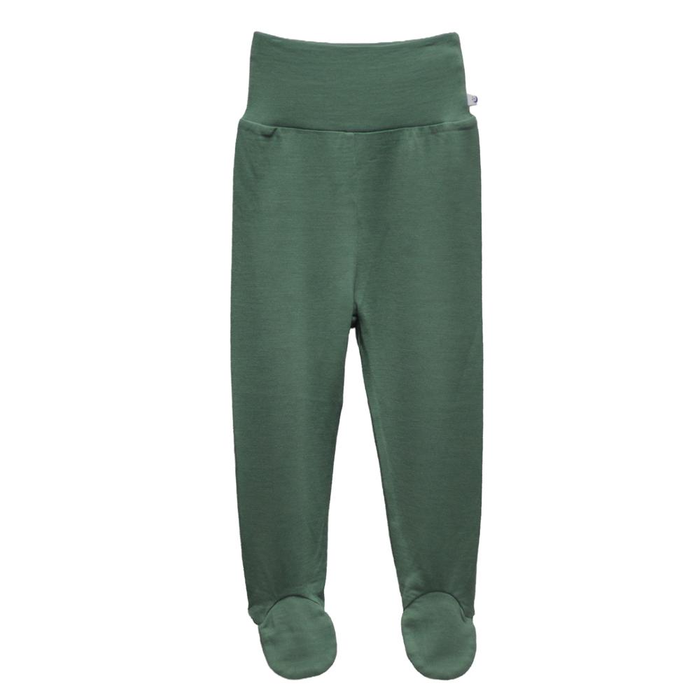 A pair of dark green footed jersey merino pants with an thick waistband, shown against a plain white background.