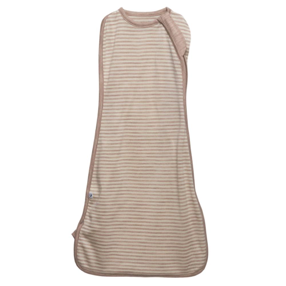 The Sleep Store beige striped baby merino swaddle on a white background