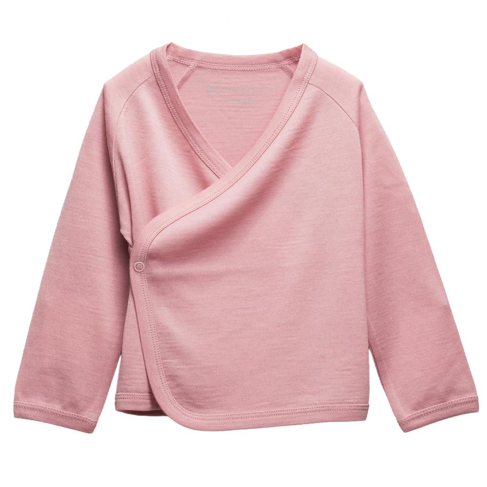 A light pink jersey merino long-sleeve baby wrap kimono cardigan with a V-neck and snap-button closure, shown flat on a white background.