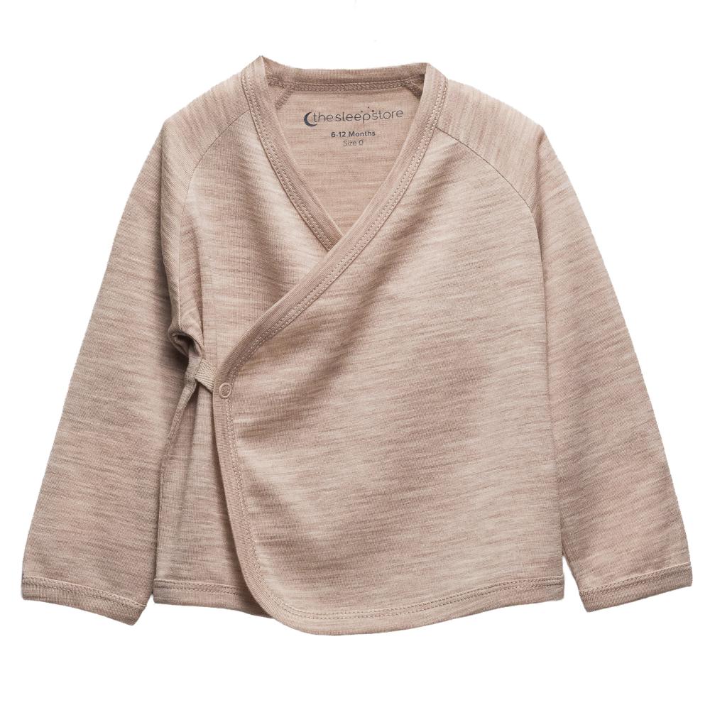 A baby jersey merino long-sleeve kimono wrap cardigan in a heathered light taupe-beige color, featuring a V-neck and snap-button closure, shown flat on a white background.