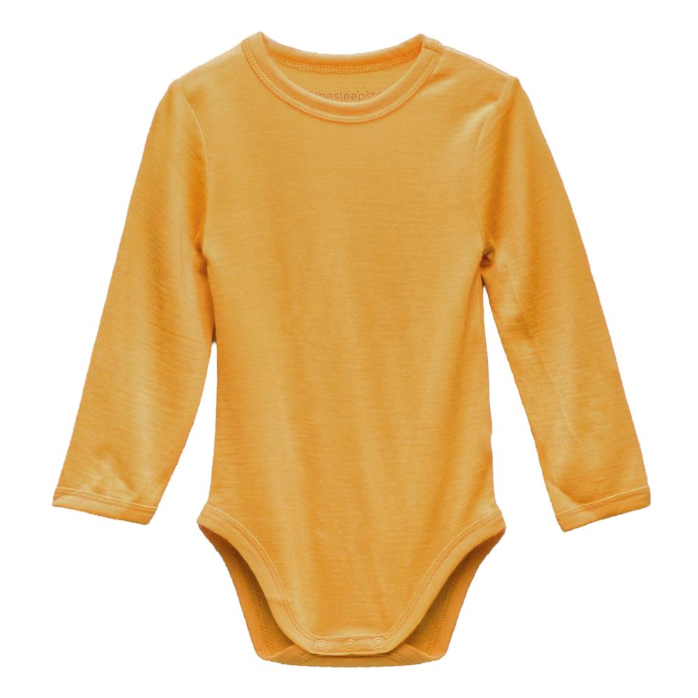 A mustard yellow jersey merino long-sleeve baby bodysuit with a crew neck, photographed flat against a solid white background.
