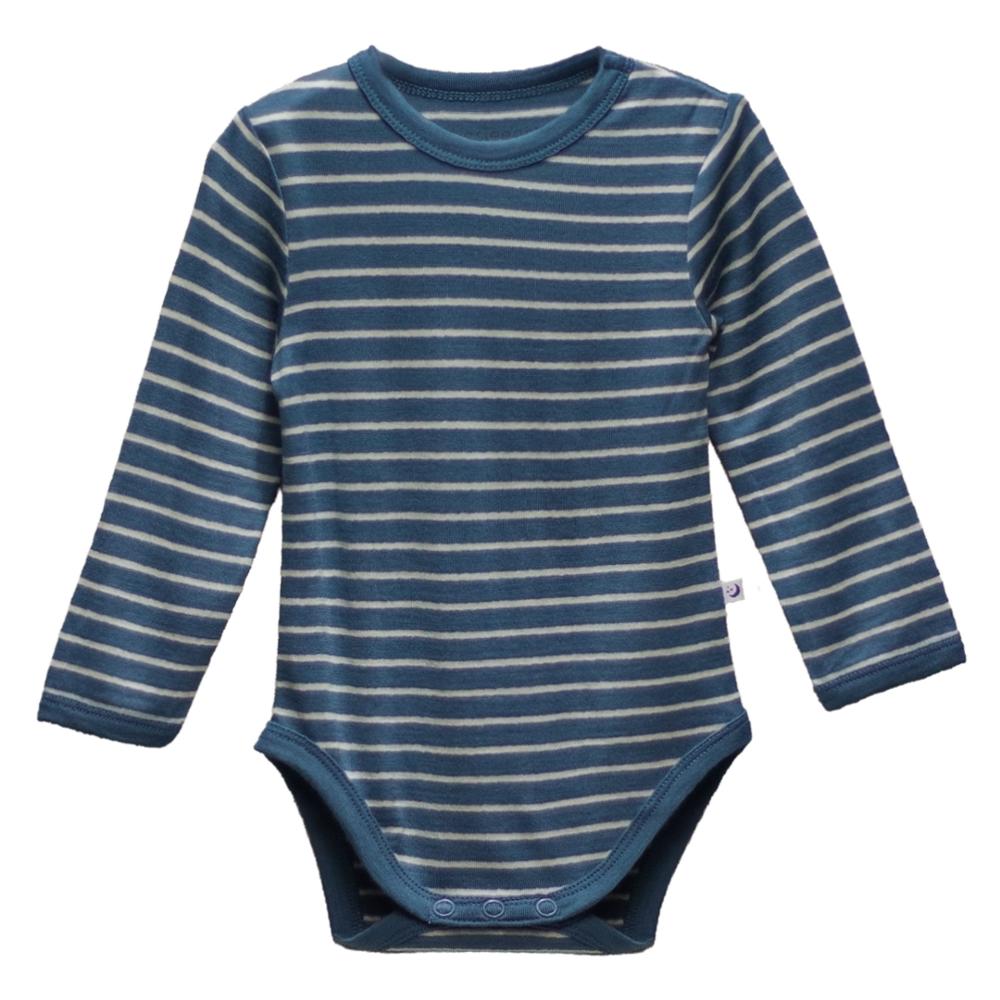 Long sleeve baby jersey merino bodysuit in blue & white stripe