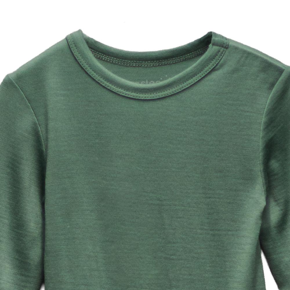 Close-up of a green long-sleeve bodysuit on a white background