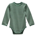 A long-sleeve jersey merino  baby bodysuit with horizontal stripes in sage green and white, featuring a crew neck and snap closures at the crotch.