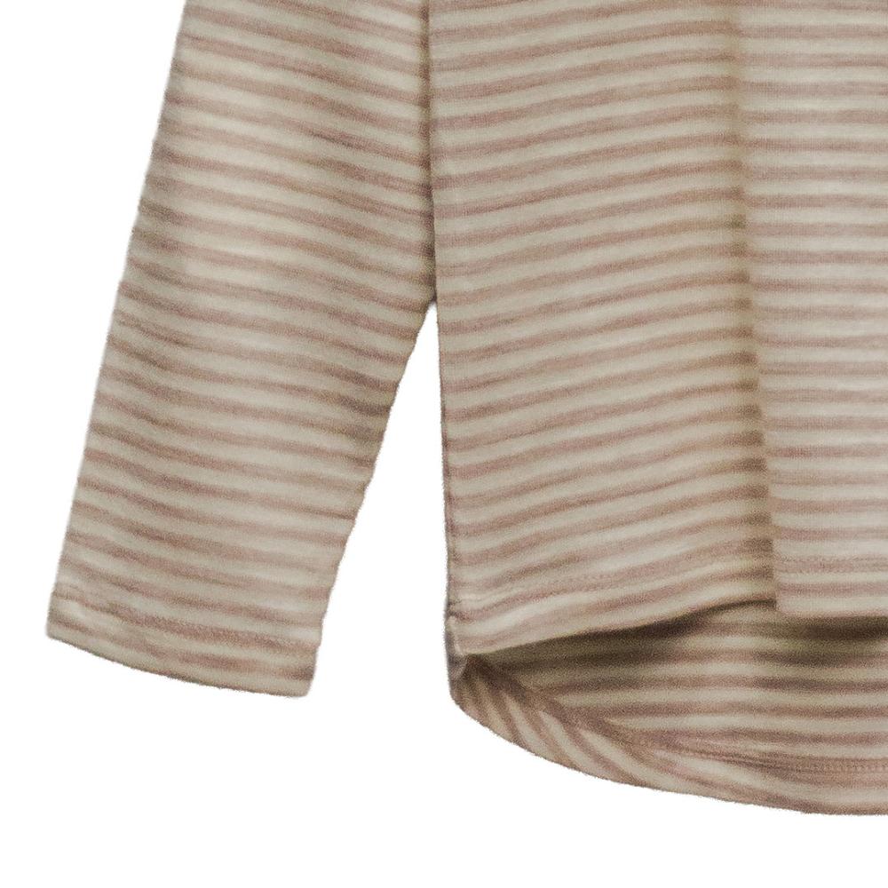 Close-up of a beige and brown striped merino long-sleeve shirt on a white background