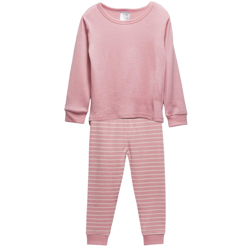 A two-piece children's jersey merino pyjama set in dusty pink, featuring a long-sleeve crewneck top and matching pants with thin white horizontal stripes.