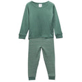 A two-piece children's jersey merino pajama set in sage green, featuring a long-sleeve crewneck top and matching striped pants with thin white horizontal lines.