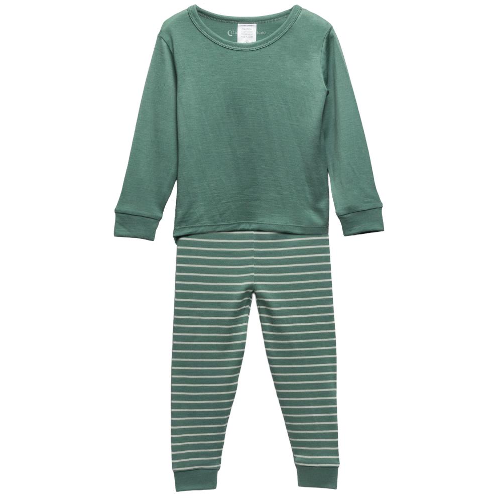 A two-piece children's jersey merino pajama set in sage green, featuring a long-sleeve crewneck top and matching striped pants with thin white horizontal lines.