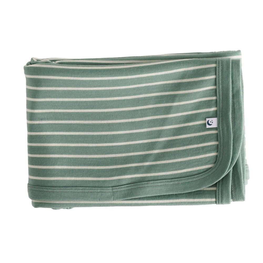 The sleep store merino jersey swaddle blanket in green and white stripe