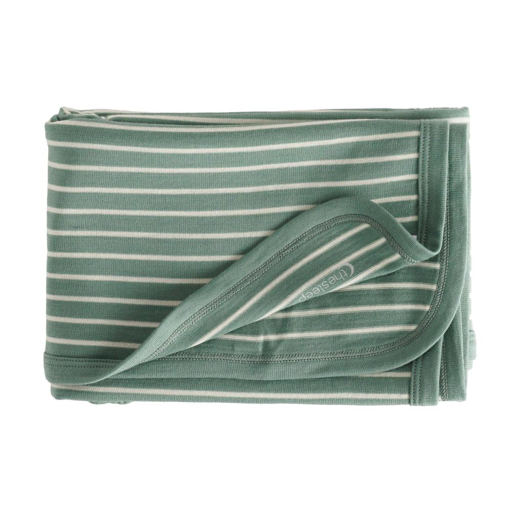 The sleep store merino jersey swaddle in green and white stripe