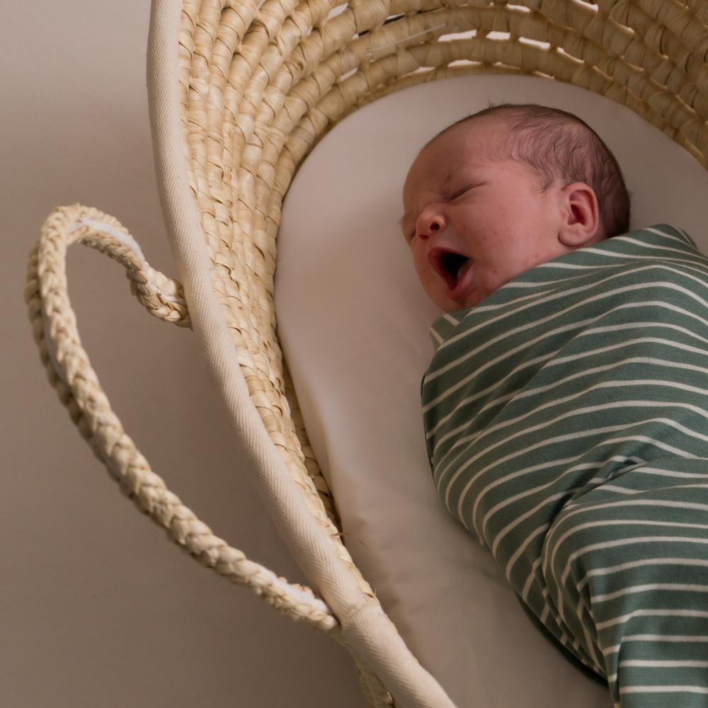 Newborn baby in a striped Merino swaddle lying in a wicker Moses basket.