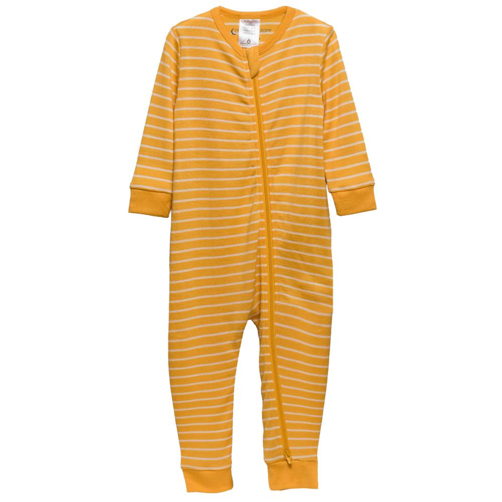Honey striped jersey merino footless zipsuit on a white background