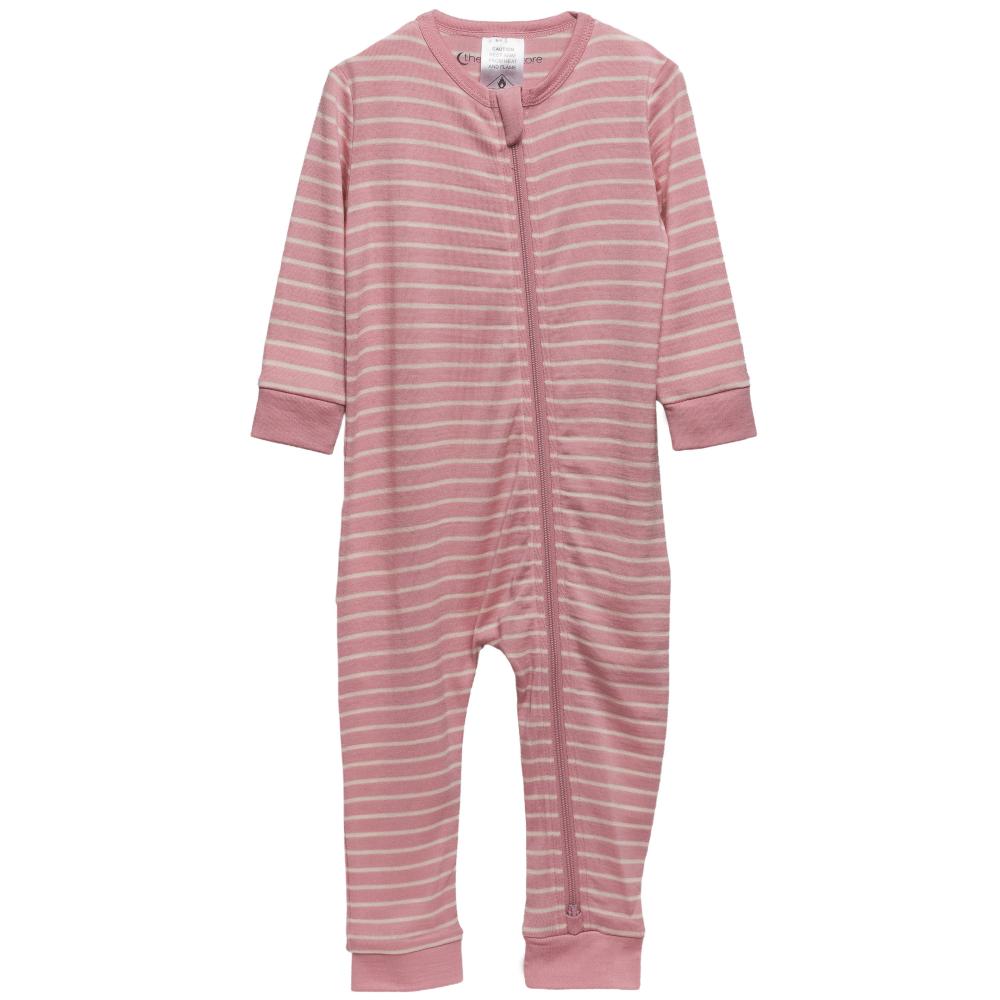 Pink and white striped jersey merino baby zipsuit onesie on a white background