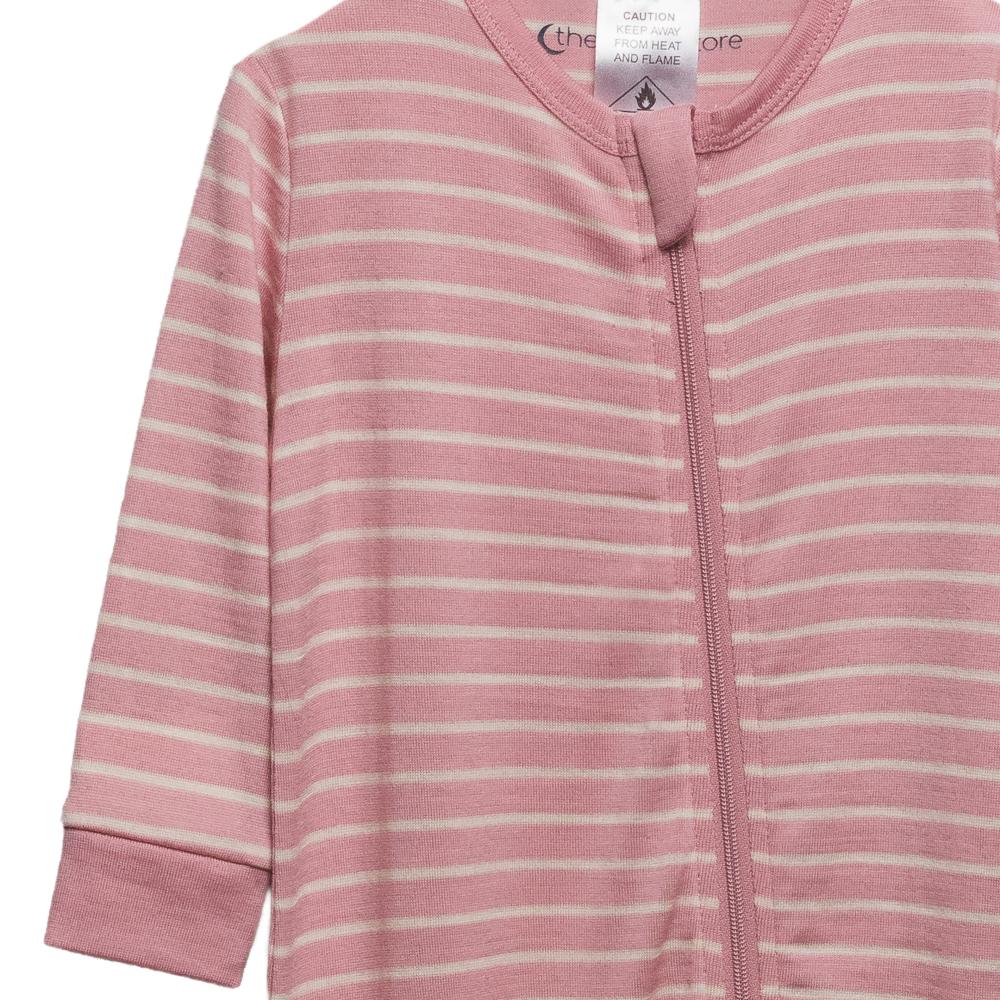 Pink and white striped merino baby onesie with a visible brand tag on a white background